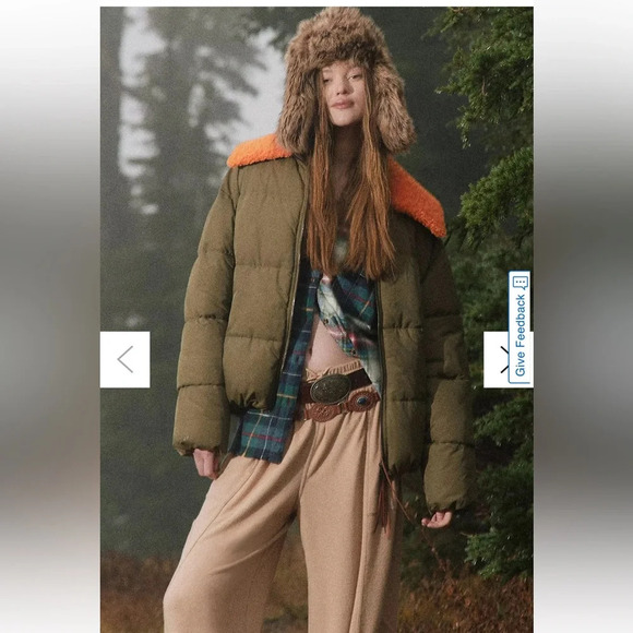 Urban Outfitters Army Green Puffer Jacket Duckie Faux Shearling Collar Coat NWOT - Picture 2 of 11